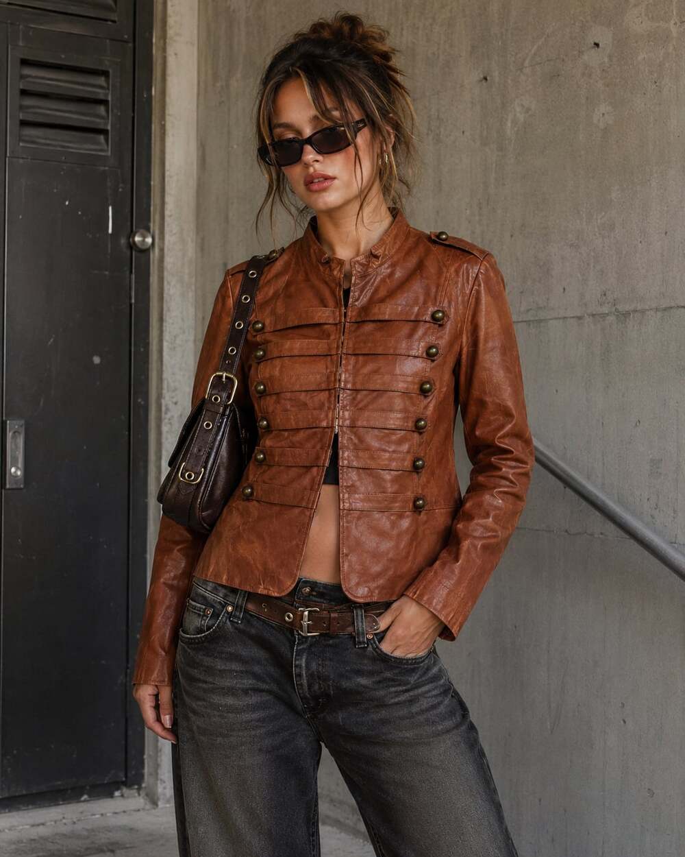 Jessica London JL Studio Brown Genuine Leather Military Jacket 22W Y2K Moto